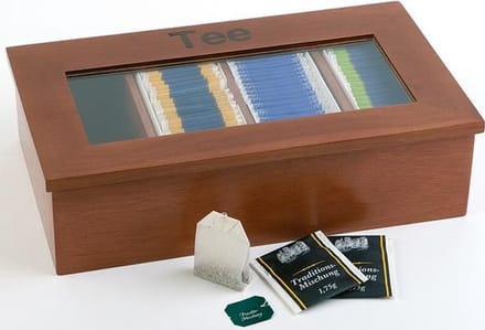 Theebox met opschrift - donker houten kleur