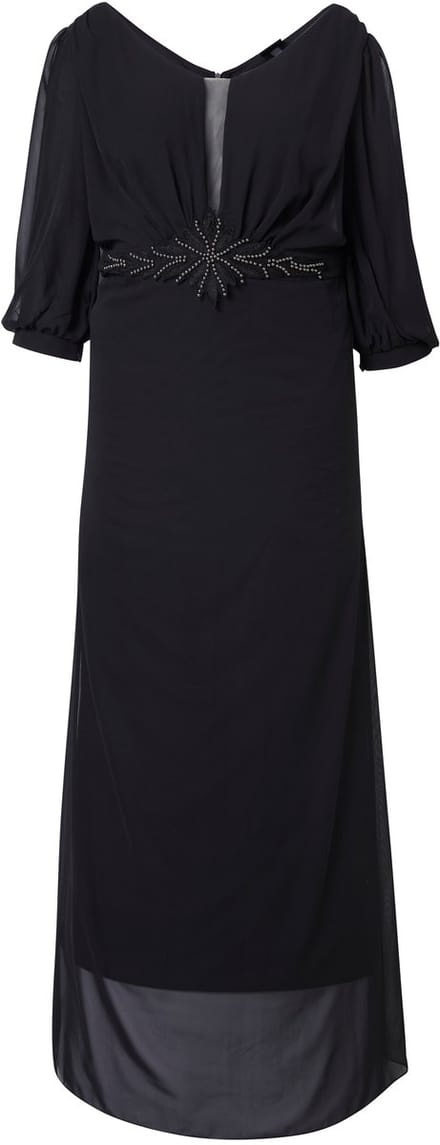 Ulla Popken - Dames - Chiffon maxi-jurk dubbellaags V-hals 3/4-mouwen - Zwart - Maat 52