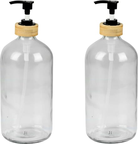 Urban Living Zeeppompje/zeepdispenser - 2x - glas/bamboe - transparant - 1 liter - 24 cm