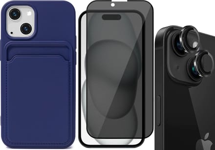 Hoesje Pasjeshouder geschikt voor iPhone 15 Plus - Privacy Screenprotector FullGuard + Camera Lens Screen Protector Zwart - Siliconen Case Back Cover Blauw