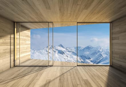 Fotobehang Window Snow Mountain Clouds Sky  | XL - 208cm x 146cm | 130g/m2 Vlies