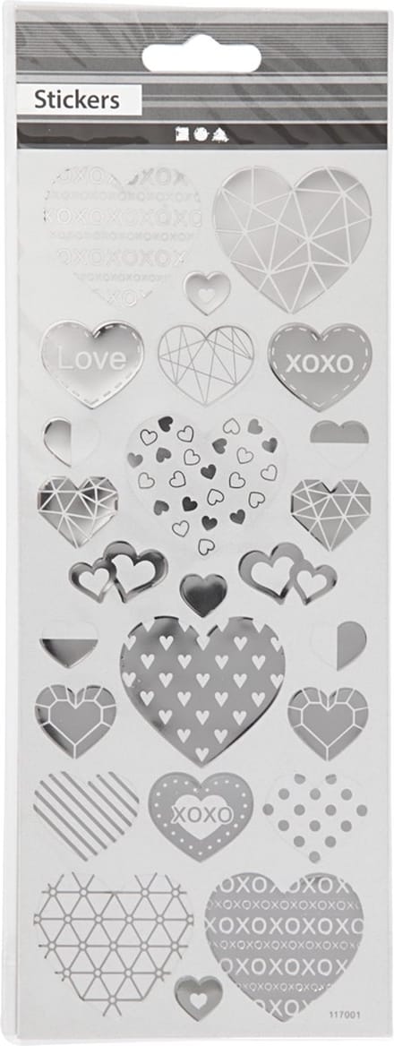Stickers, harten, vel 10x24 cm, ca. 25 stuk, zilver, 1 vel