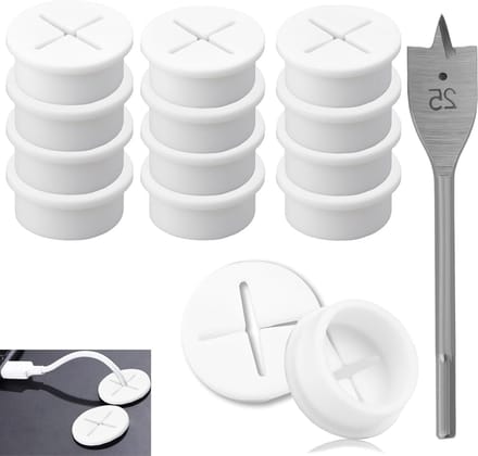 Set van 12 Flexibele Silicone Kabeldoorvoeren van 25 mm in Wit met Boor voor Kantoor, School en Computergebruik