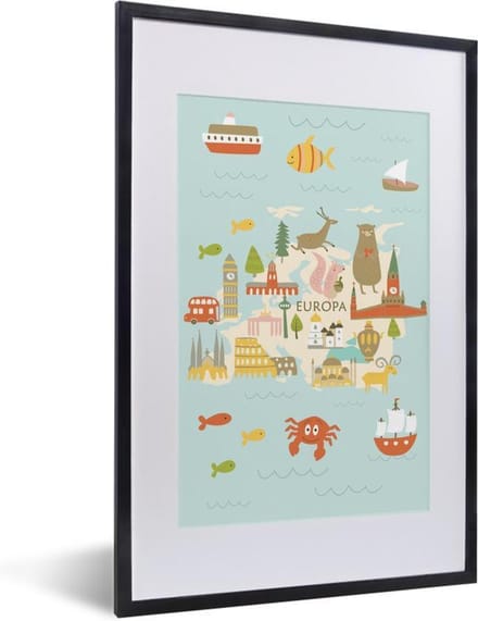 Wereldkaart Kinderen - Europa - Kleuren - Schoolplaat - Kinderkamer - 40x60 cm