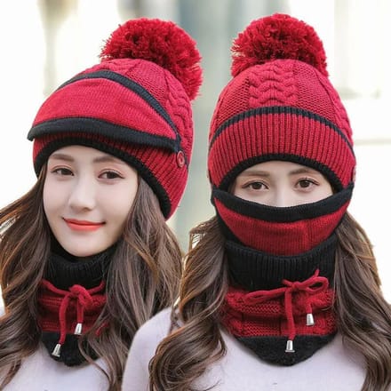 Wollen Muts Dames Winter Schattig Alles-passend Verdikking Warm Fietsen Gebreide Muts Plus Fluweel Warme Muts Dames bordeaux