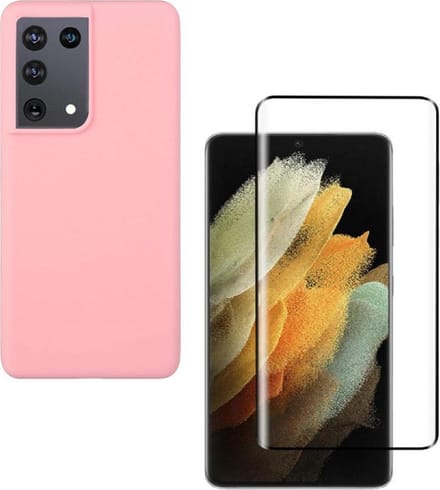 Solid hoesje Geschikt voor: Samsung Galaxy S21 Ultra Soft Touch Liquid Silicone Flexible TPU Rubber - licht roze  + 1X Screenprotector Tempered Glass