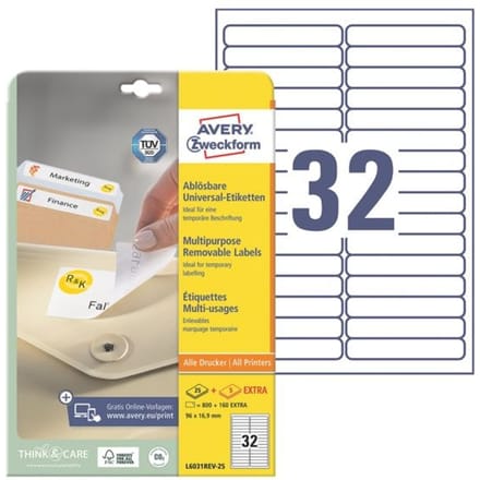 Etiket avery zweckform l6031rev-25 96x16.9mm Afneembaar wit 800stuks