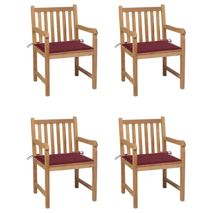 vidaXL - Tuinstoelen - 4 - st - met - wijnrode - kussens - massief - teakhout