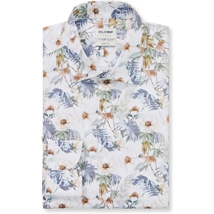 OLYMP Level 5 body fit overhemd - mouwlengte 7 - dobby - wit met blauw en bruin bloemen dessin