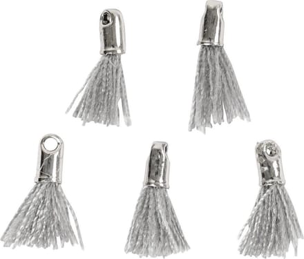 Tassel, L: 10 mm, gatgrootte 1 mm, grijs, 5 stuk/ 1 doos