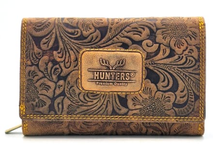 Hunters Portemonnee Bloemen Reliëf - D.Tan medium - (bxhxd) ca. 15,5cm x 10cm x 4cm