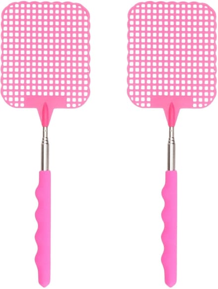 Uitschuifbare lange vliegenmepper - 2x - roze - van 34 naar 76 cm - metaal/kunststof