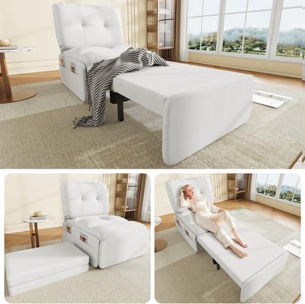 Slaapbank 1-Zits - Uitschuifbare Slaapstoel Wit - Linnen Fauteuilbed Modern