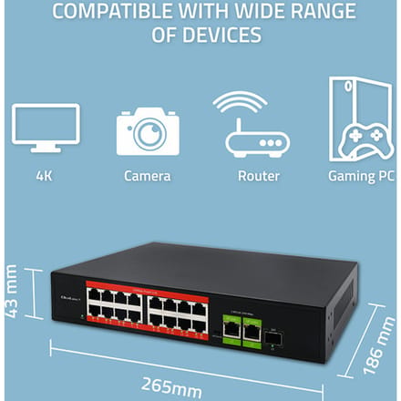 Qoltec SWITCH Fast Ethernet PoE netwerkswitch |   16x RJ45 10/100 MB/s |   2x RJ45 Uplink 1000 Mb/s |   1x SFP 1000 Mb/s