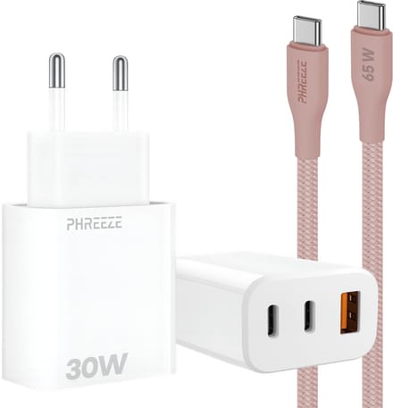 Usb C en usb A adapter met usb C kabel - 30w oplaadstekker 3 poorten - Usb C naar usb C - Oplaadkabel roze 1m inbegrepen