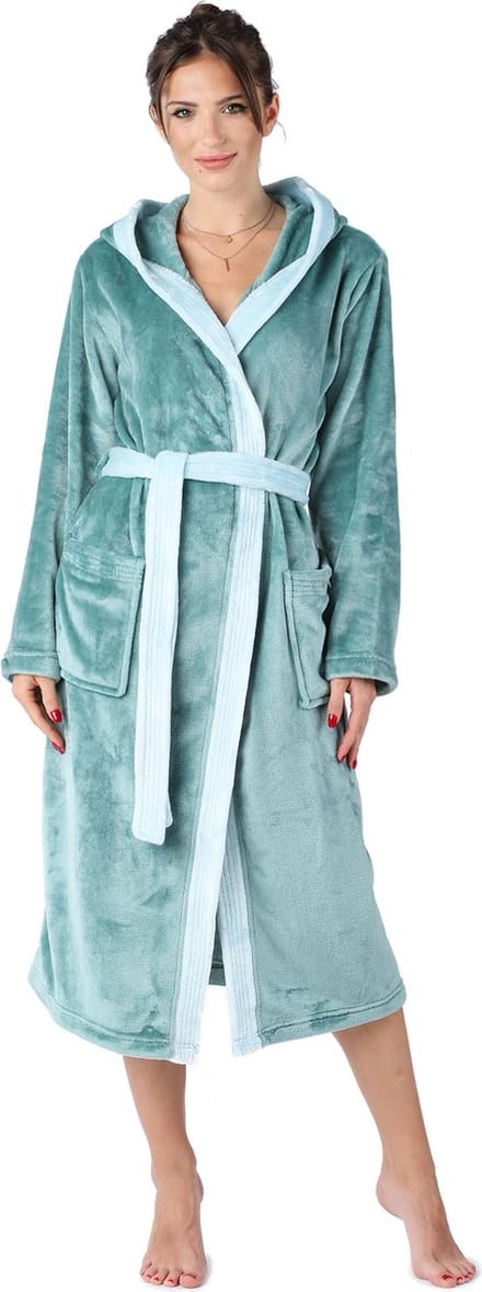 Bellivalini Dames Badjas met Capuchon - Wasmachine bestendig - Polyester - Zeegroen - XL - BLV-BLV50-168-DG