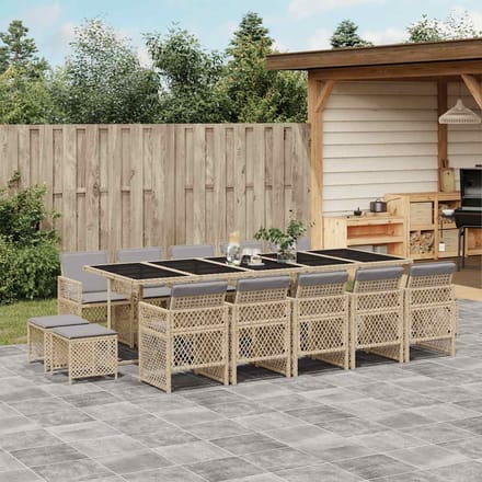 vidaXL - 15-delige - Tuinset - met - kussens - poly - rattan - beige