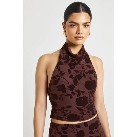 boohoo Dames Bloemen Devore Cowl Halterneck Top | Chocoladebruin | Maat: 34