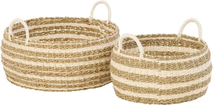 J-Line mand Gestreept - ijzer/papier - wit/naturel - set van 2