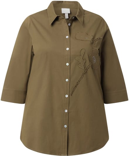 Ulla Popken - Dames - Overhemdblouse bloemen overhemdkraag 3/4-mouwen - Olijf - Maat 46+