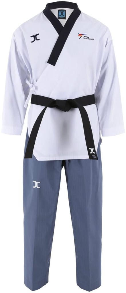 JCalicu poomsae dan taekwondopak voor dames | WT | Wit / Blauw (Maat: 200)