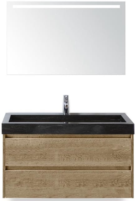 Dante Badmeubelset 100 cm - Natuur Eiken - Wastafel Hardsteen Wit Lucca met Sence Spiegel