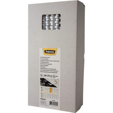 Fellowes plastic inbindruggen, formaat 12 mm, 100 stuks, voor inbindmachines plastic inbindrug wit
