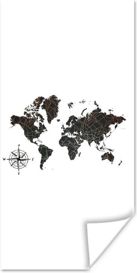 Poster Wereldkaart - Goud - Zwart - Windroos - 60x120 cm