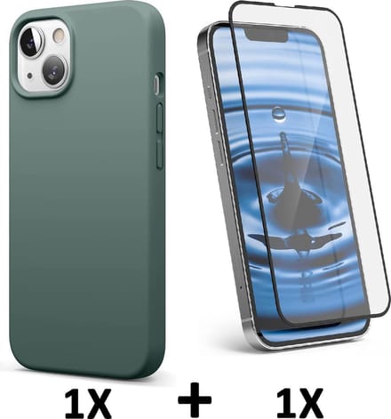 HB Hoesje Geschikt voor Apple iPhone 13 - Groen / Volledige Glazen Screenprotector - Siliconen Back Cover