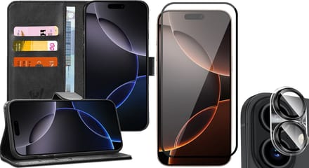 Hoesje geschikt voor iPhone 16 Plus - Screenprotector Volledig Dekkend Glas & Camera - Portemonnee Book Case Zwart