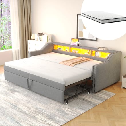 MODFU - Uitschuifbaar bedframe – 90/180x200 cm – Met 2 matrassen & USB – Lichtgrijs linnen