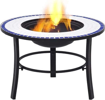 Mozaïek Vuurplaats - Buitenhaard Terras - Warme Avonden - Keramiek Decoratie - 68 cm Diameter - Blauw Wit