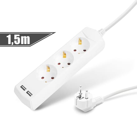 Stekkerdoos 3-voudig - 1,5 m - 2x USB (2,1A) - Kinderbeveiliging - 250V • 16A - Wit [20201U]