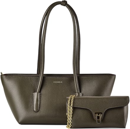 COCCINELLE Leren shopper Double Beat Grained Leather Handbag Fango donkergroen