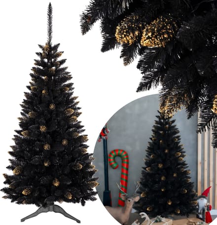 Zwart kunstkerstboom, Ghanese spar, PVC, goud, 150 cm