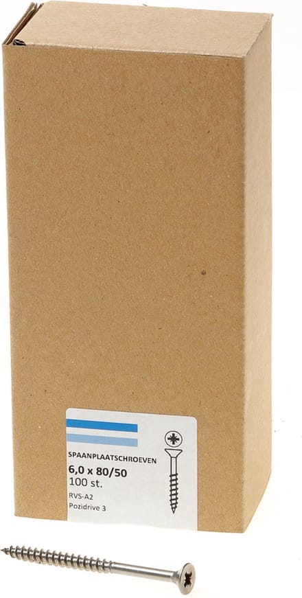 Hoenderdaal Spaanplaatschroef RVS platverzonken kop PZ3 deeldraad 6.0X80/50 (per 100 stuks)