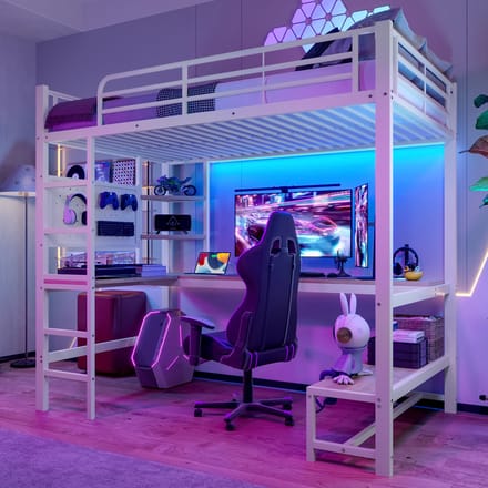 Hoogslaper - 90x200 cm - Met Bureau En Opbergplanken - LED Strip En USB/Type-C - Metaal - Wit