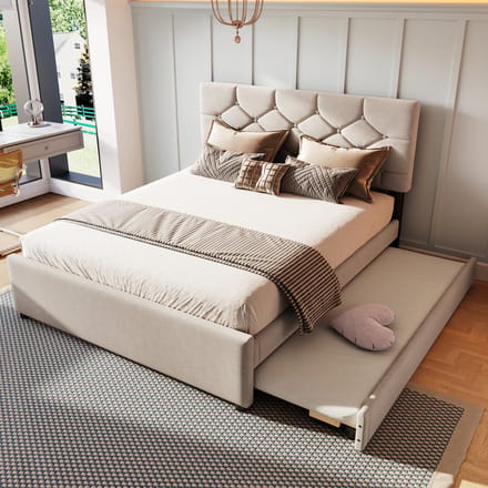REDOM Gestoffeerd Bed met Onderschuifbed – Met lattenbodem – Fluweel – Beige – 140 x 200 cm