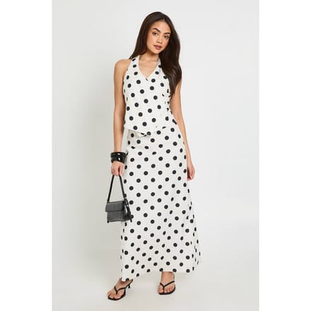 boohoo Dames Polkadot Linnen Look Lage Taille Maxi Rok | Wit | Maat: 36