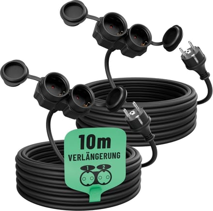 Waterdichte Verlengkabel Buiten 10 Meter met 2 Stopcontacten - IP44 Zwart