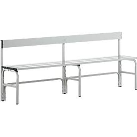 Kleedkamerbank, rvs buis/aluminium, enkel met rugleuning, L 2000 mm, lichtgrijs