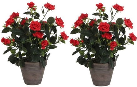 Mica Decorations Kunstplant - 2x - rozen - rood - in grijze pot - 33 cm