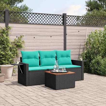 vidaXL - 4-delige - tuinbankset - met - kussens, - zwart - polyrotan