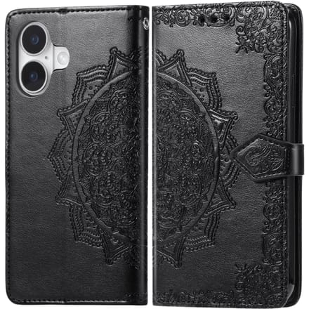 Comfycase iPhone 16 Mandala Booklet Hoesje Zwart