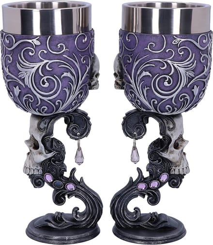 Set van 2 Dubbele Schedel Bekers Hartvormig - Gothic Wijnkelken met Zilveren Details