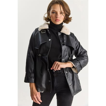 Faux leren jas met nepbontdetail