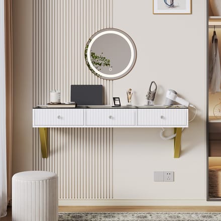 MODFU Hangende Kaptafel - 3 Laden - Glazen Blad - Modern - MDF En Spaanplaat - Wit - 120 x 40 x 45 cm