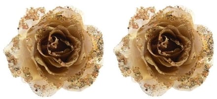 Kerstboomversiering Bloem - 2x - 14 cm - goud - op clip - ornament - roos