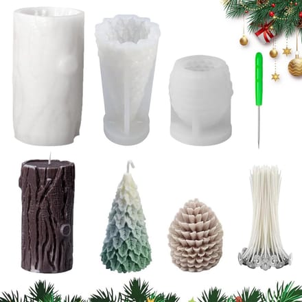 Set van 3 Siliconen Kaarsvormen Kerst: Kerstboom, Houtlook en Dennenappel