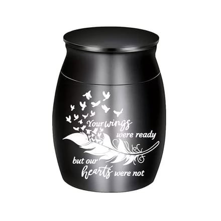 Mini urn,aluminium,kleur zwart,met tekst en afbeelding